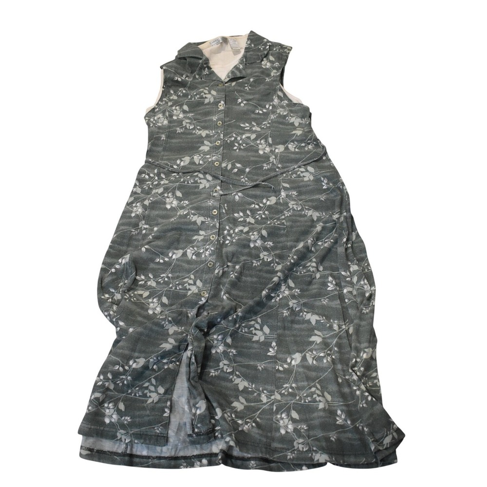 Carolyn Taylor Maxi Dress Women XL Grey Green Floral Button Front Sleeveless